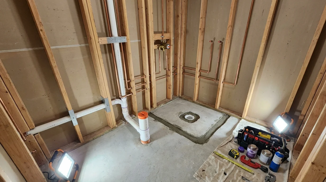 Bathroom rough-in plumbing during remodel by Johns Plumbing LLC in Birch Run