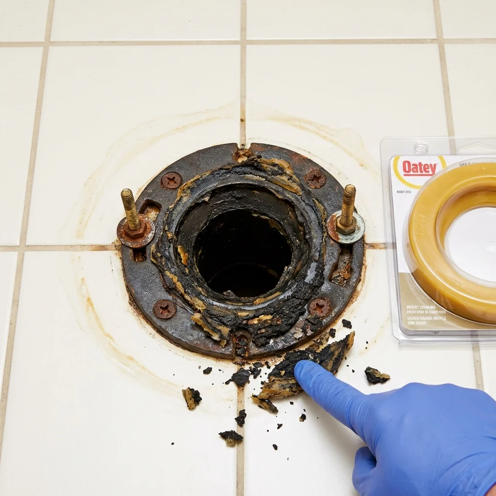 Failed wax ring showing water seepage at the base of a toilet in a Birch Run, MI home