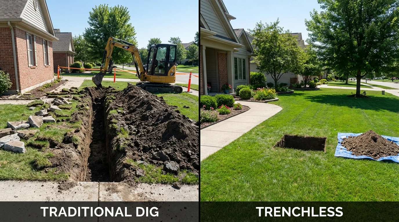 Trenchless sewer repair with minimal yard damage versus traditional excavation in Birch Run, MI